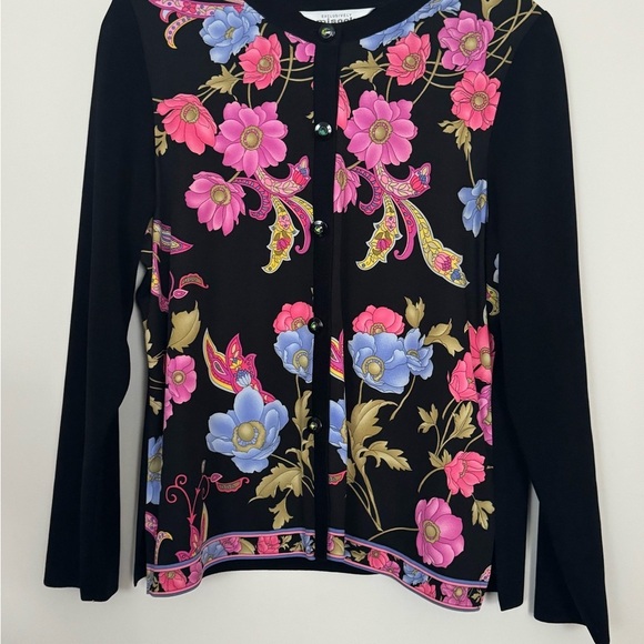 Misook Black and Pink Floral Graphic Buttoned Cardigan size Large